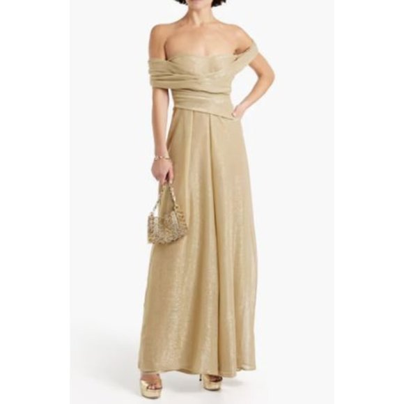 Talbot Runhof Off-The-Shoulder Gathered Metallic Voile Wide-Leg Jumpsuit…